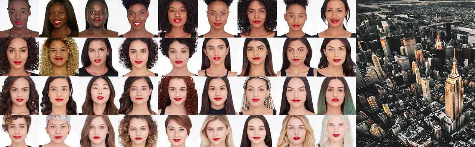 Thirty six faces of women with different skin tones wearing same red lipstick