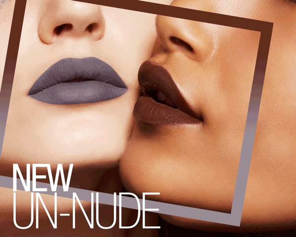 Maybelline New Un-Nude campaign photo with two lips wearing various lip shades