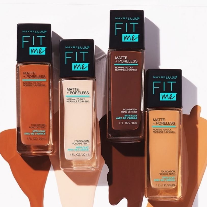 Four Maybelline Fit Me Matte + Poreless foundations in various shades