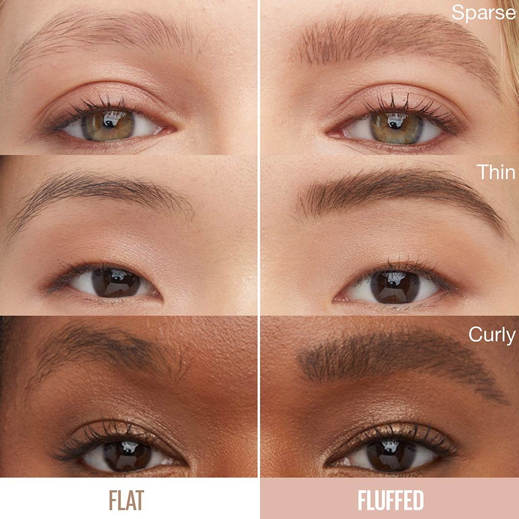 Superfluff Brow Mousse applied on thin, sparse and curly brow hairs