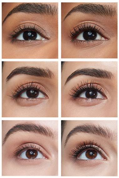 Three rows of before after images of Eyes with and without mascara