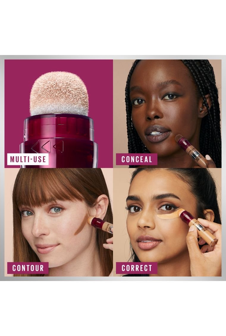 Maybelline Instant Eraser Multi-Use Concealer applied on 3 different skin tones to conceal, contour and correct