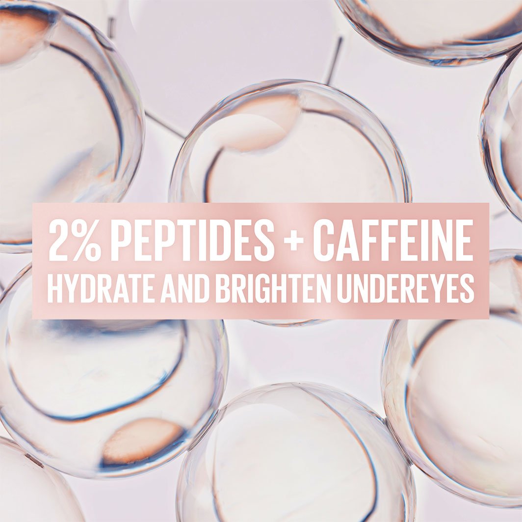 Close-up image of skincare serum bubbles with text highlighting 2% peptides and caffeine to hydrate and brighten undereyes.