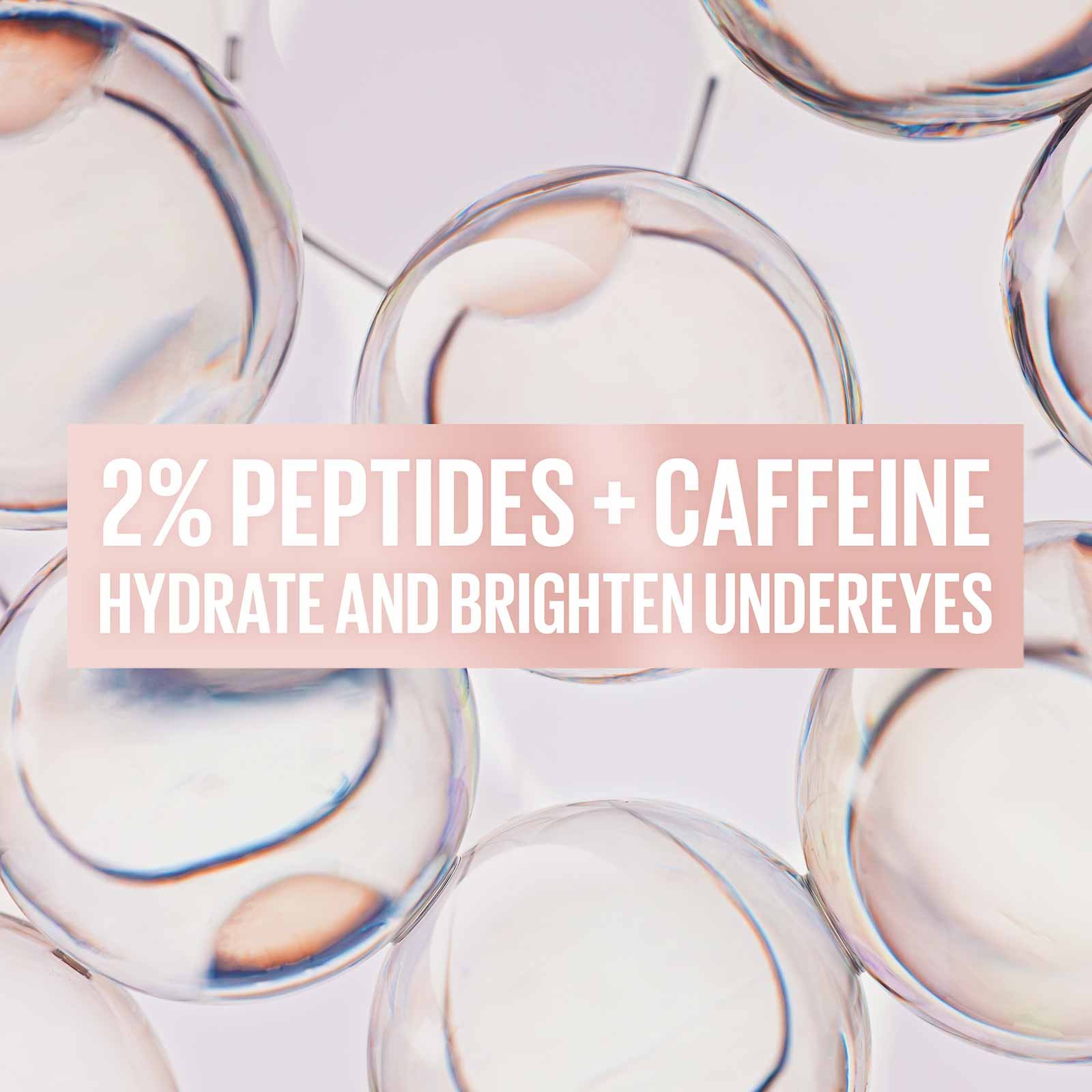 Close-up image of skincare serum bubbles with text highlighting 2% peptides and caffeine to hydrate and brighten undereyes.