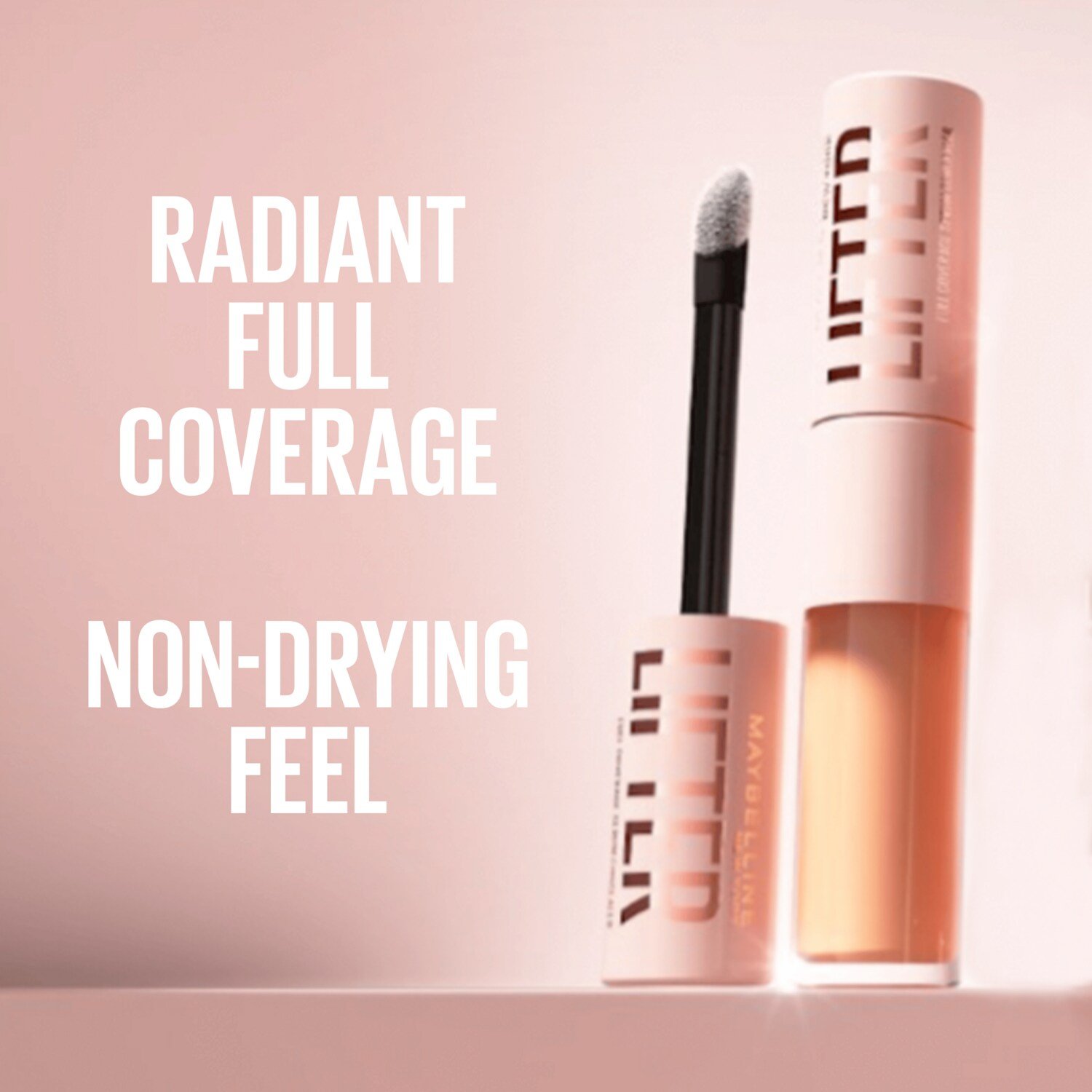 Maybelline Lifter Serum Concealer with XL applicator highlighting radiant full coverage and non-drying feel