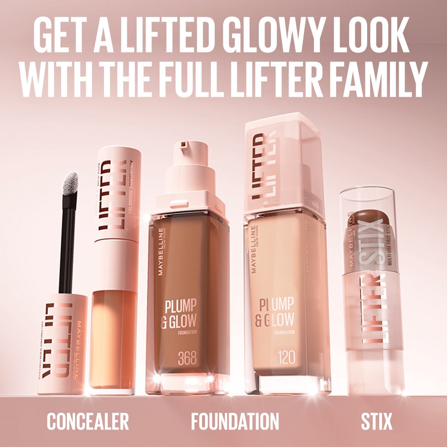 Maybelline Lifter Family lineup showcasing the Lifter Concealer, Lifter Foundation, and Lifter Stix.