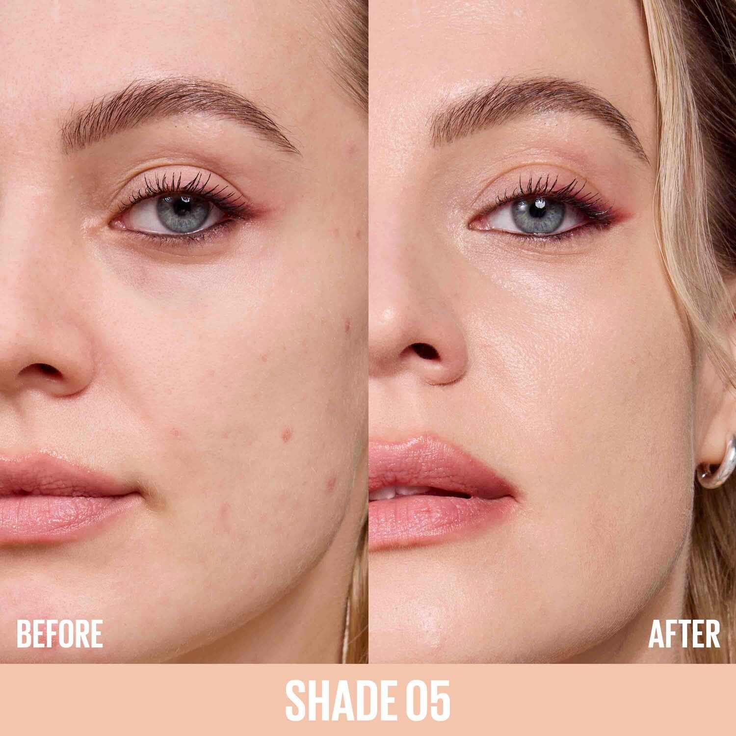Before and after comparison showing the coverage and finish of Maybelline Lifter Concealer Serum in Shade 05.