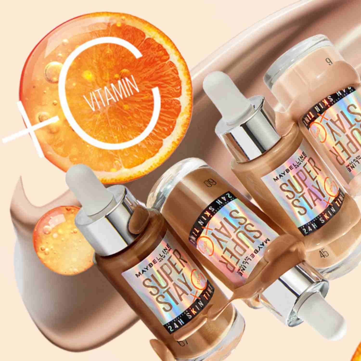 Shade range of the Superstay 24H Skin Tint Infused with Vitamin C
