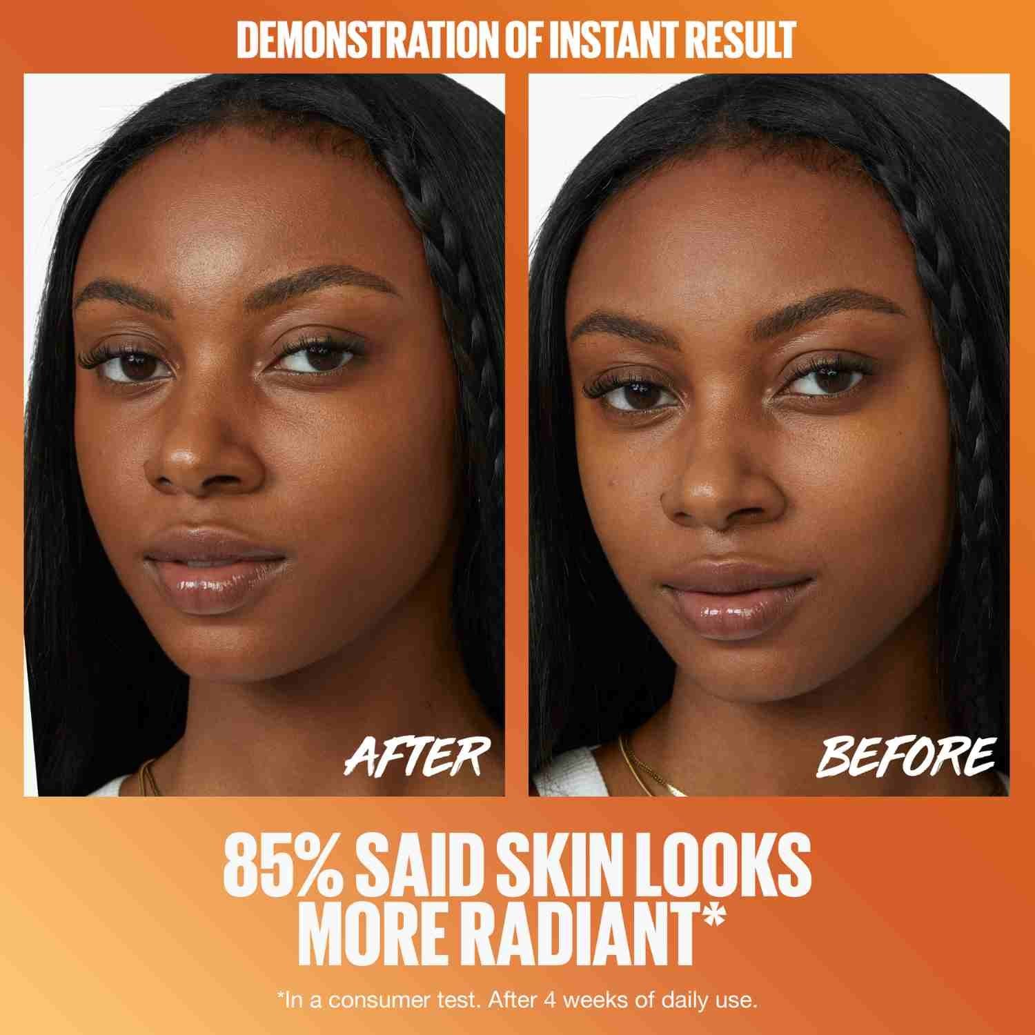 Maybelline Skin Tint Infused with Vitamin C applied on dark skinned model