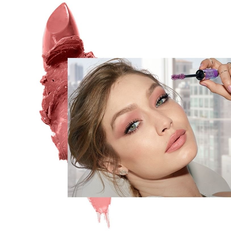Gigi Hadid woman holding Maybelline Falsies Lash Lift Mascara to her eyes