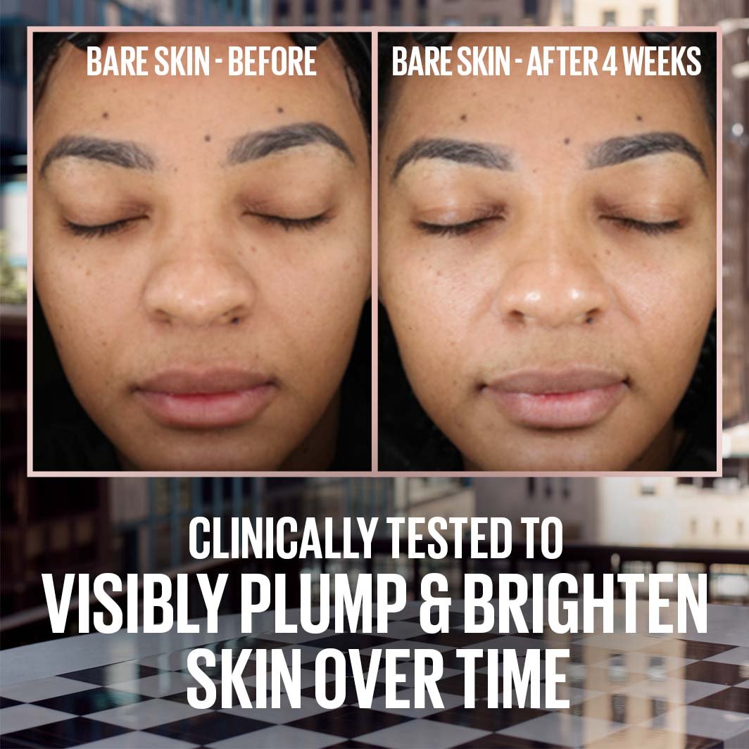 Beore and after image of using Lifter Plump & Glow Foundation with clinical test results