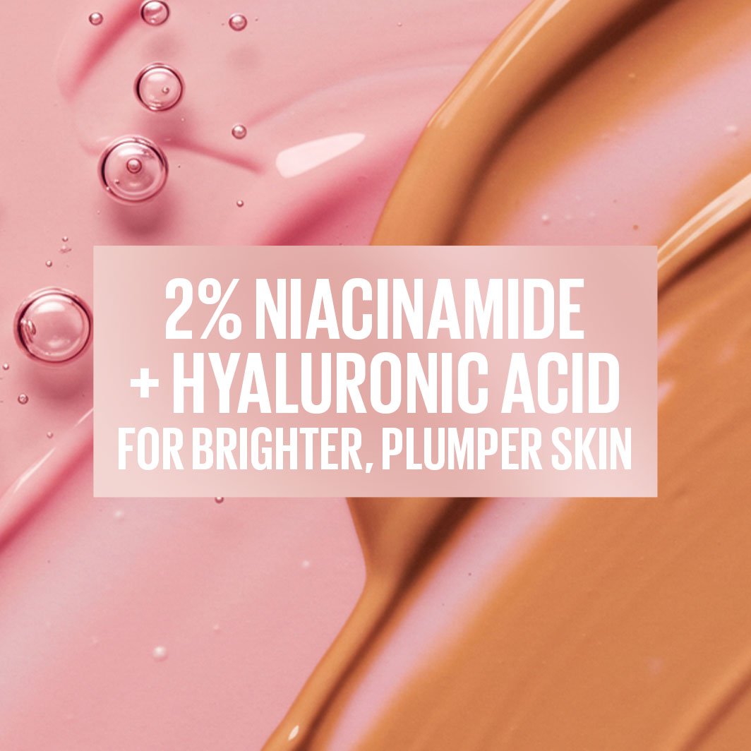 Graphic displaying the text ‘2% Niacinamide + Hyaluronic Acid for brighter, plumper skin’ over pink and beige liquid makeup textures