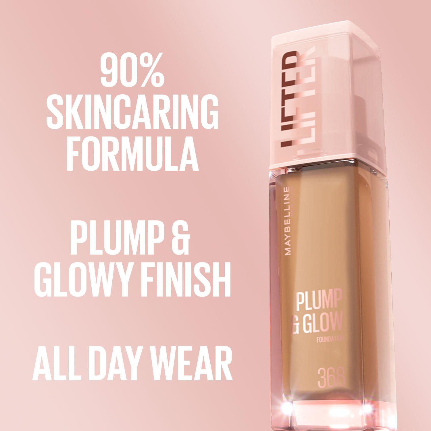 Product shot of Maybelline Lifter Plump & Glow Foundation with text emphasising skincare‑infused formula and long‑lasting glowy finish