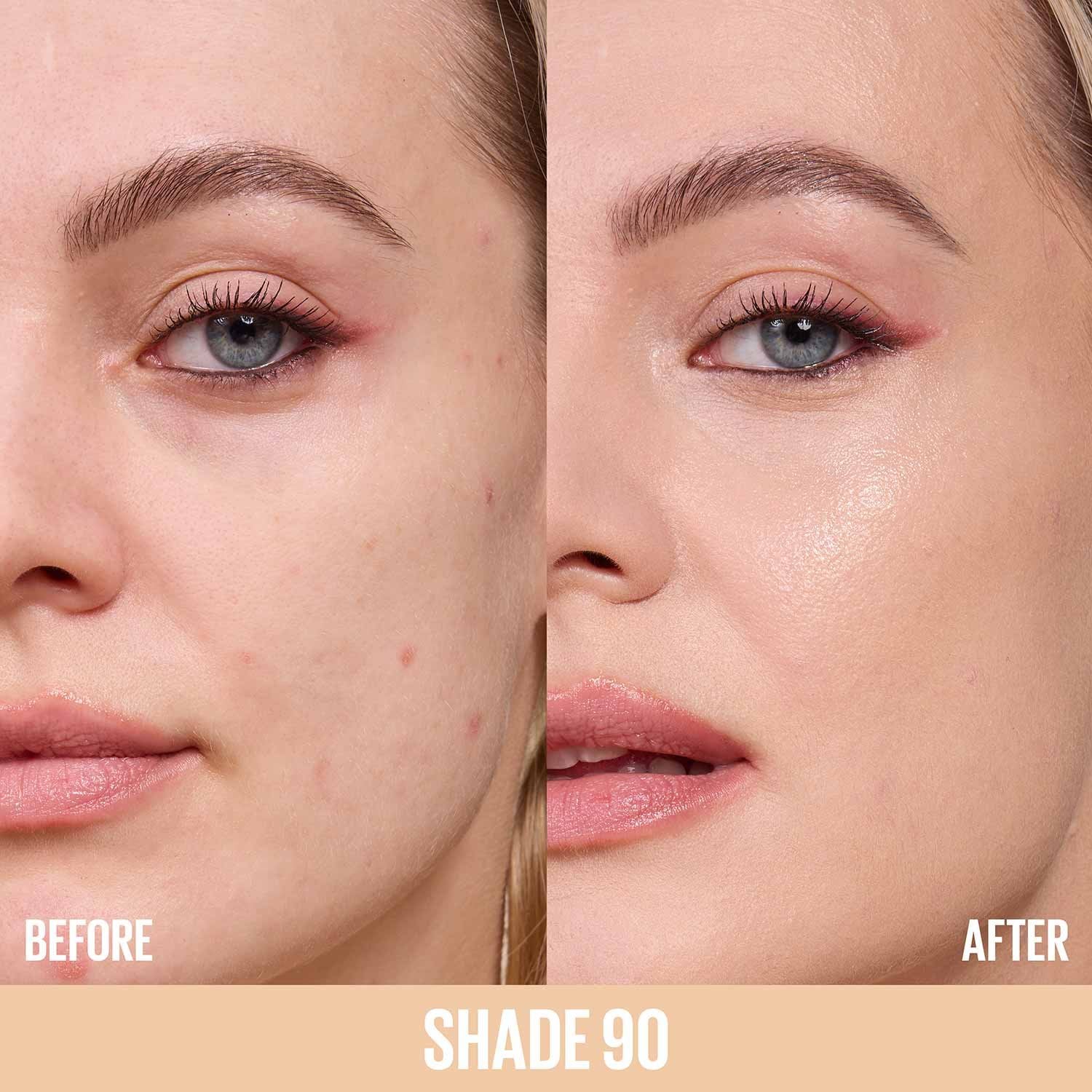 Before‑and‑after comparison showing skin appearance improvement of Lifter Plump & Glow Foundation shade 90.